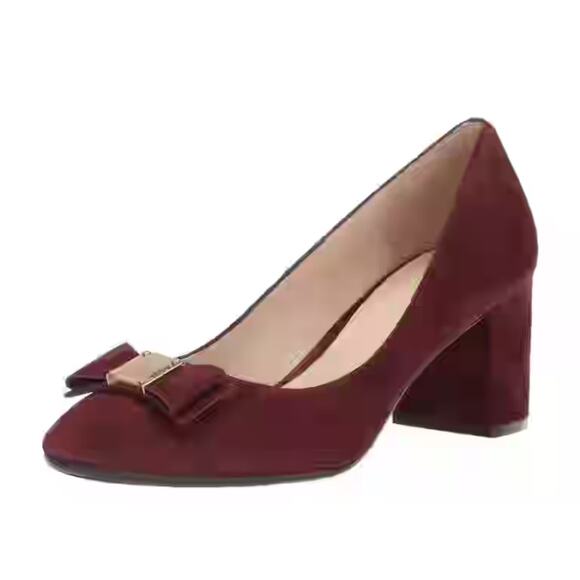 Cole Haan ‘Tali’ Women's 7.5 Bow Pump Burgundy Suede Leather Heel Gold Accents - Picture 1 of 10